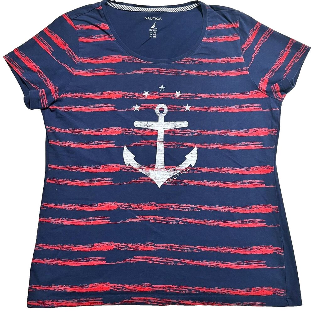 NAUTICA Womans Red White Blue T-Shirt Anchor Stars XL Cotton Crew Patriotic USA
